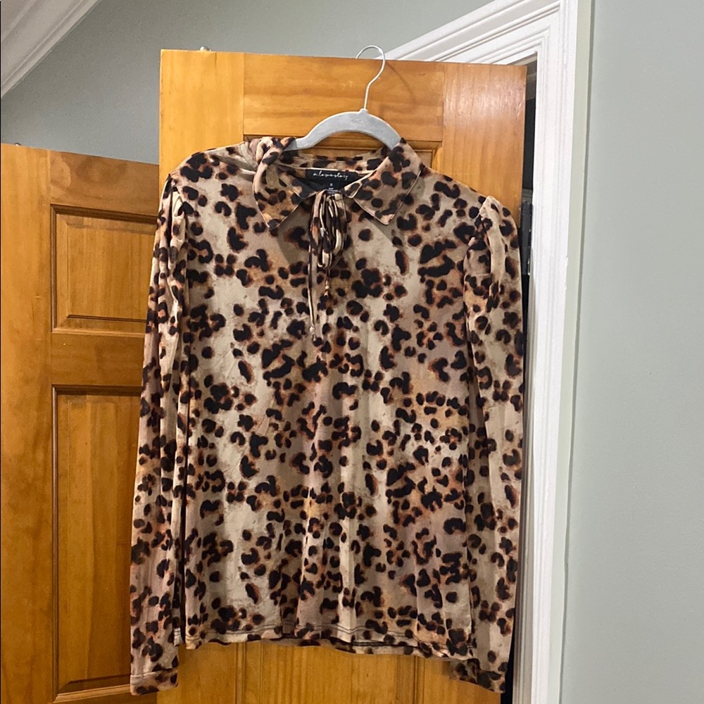 Leopard/Cheetah print Long Sleeve Blouse with Tie Front and Peter Pan Collar